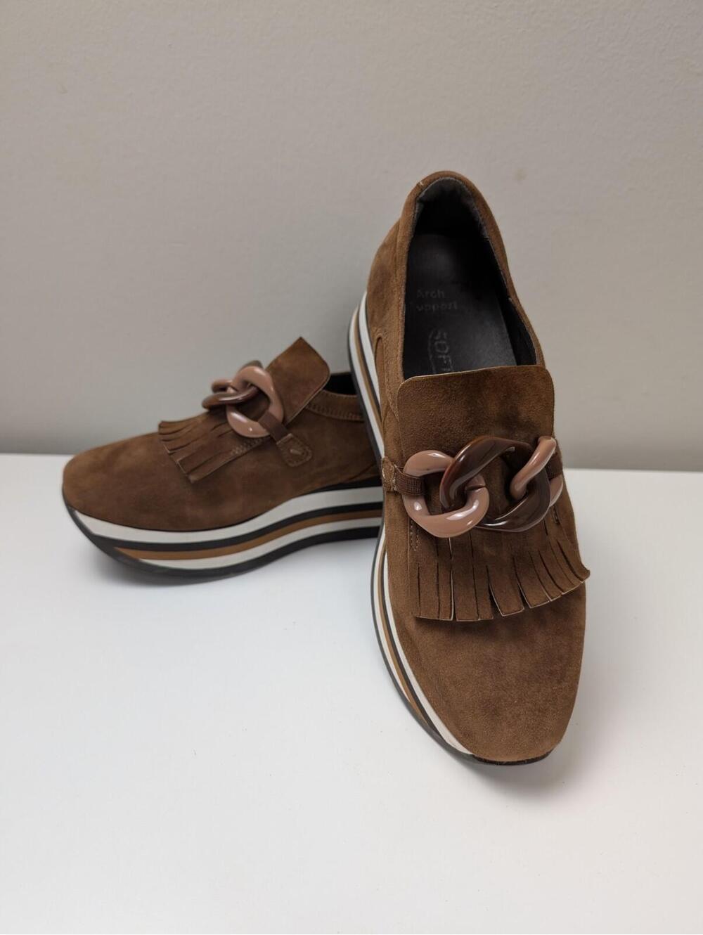 Softwaves Adaya Cognac Brown Suede Platform Tassel Loafer Sneaker EU 36.5